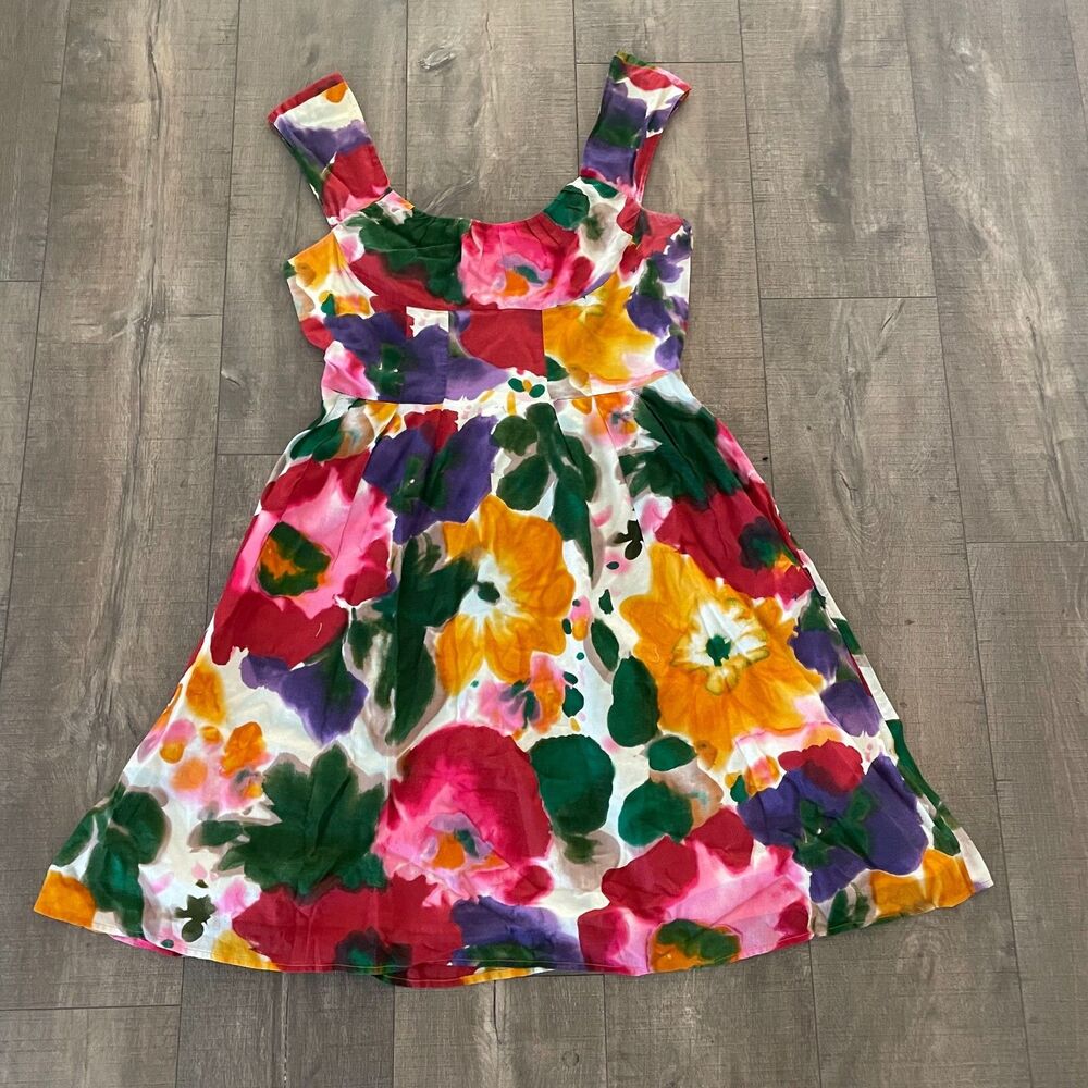 Vtg Calvin Klein Dress Women Summer Classic Colorful Floral Capped Sleeve Size M